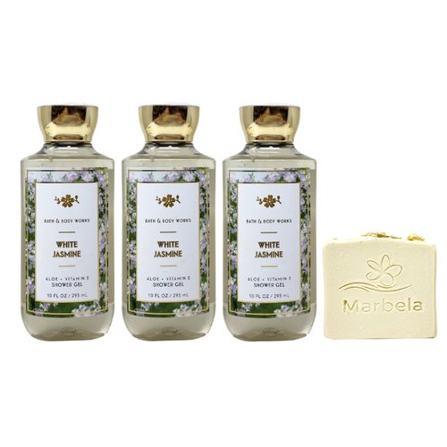 Bath & Body Works White Jasmine 3 Piece Aloe + Vitamin E Shower Gel Value Pack with a Wild Jasmine Bar Soap - Full Size