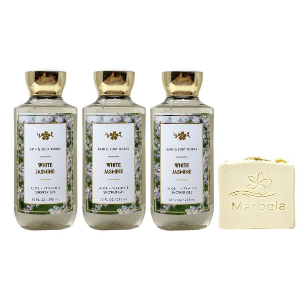 Bath & Body Works White Jasmine 3 Piece Aloe + Vitamin E Shower Gel Value Pack with a Wild Jasmine Bar Soap - Full Size