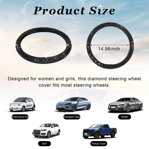Dickno Bling Steering Wheel Cover, 15 Inch Crystal Diamond Car Steering Wheel Protector for Women Girls, Sparkling Anti-Slip Steering Wheel Decor Accessories for Most Vehicles (Black)