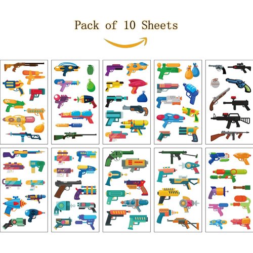 SIX VANKA (Pack of 10 Sheets) Gun Waterproof Temporary Tattoo Stickers for Kids Boys and Girls, Party Favors Decorations
