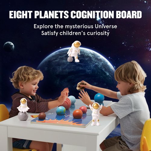Wooden Solar System Model Board，Kids Solar System with Astronauts ，Montessori Planet Toys,Educational Planets Balls,Preschool Learning Puzzle，Space Knowledge Flash Cards Learning Toys for Kids