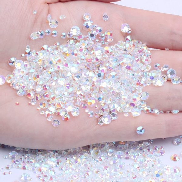 Mixed 1000pcs 2-6mm Transparent AB Resin Nail Rhinestones 3D Non Hotfix Glitter Round Flatback Nail Stones Strass Gems Diamonds DIY Nail Art Decoration (27 Transparent AB)