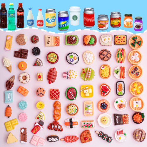 80 Pieces Mini Food Drinks Bottle Toys Pretend Food for Dollhouse Kitchen Accessories Mini Play Resin Food Toys