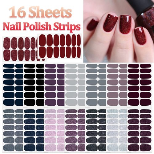 SILPECWEE 16 Sheets Nail Polish Stickers Full Nail Wraps Solid Color Self Adhesive Nail Polish Strips Gel Nail Stickers for Women Fingernail Manicure Sticker Nails for Women with 1pc Nail File