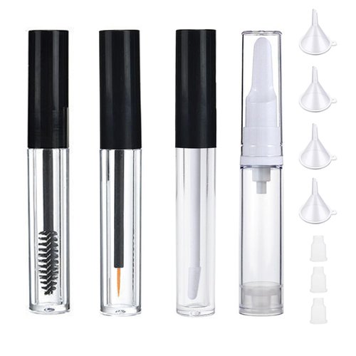 10ml Empty Mascara Tube and Wand, Lip Gloss Tubes with Wand, Eyeliner Tube with Rubber Inserts and Funnels, Airless Pump Bottles Travel Foundation Container (4 Pack)