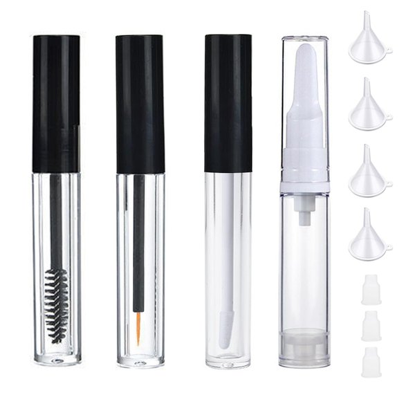 10ml Empty Mascara Tube and Wand, Lip Gloss Tubes with Wand, Eyeliner Tube with Rubber Inserts and Funnels, Airless Pump Bottles Travel Foundation Container (4 Pack)