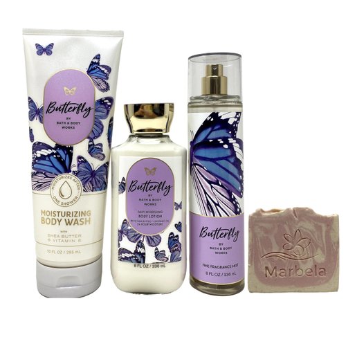 Bath & Body Works Butterfly 3 Piece Gift Set - Fine Fragrance Mist, Body Lotion and Moisturizing Body Wash with a Himalayan Salts Springs Sample Soap.