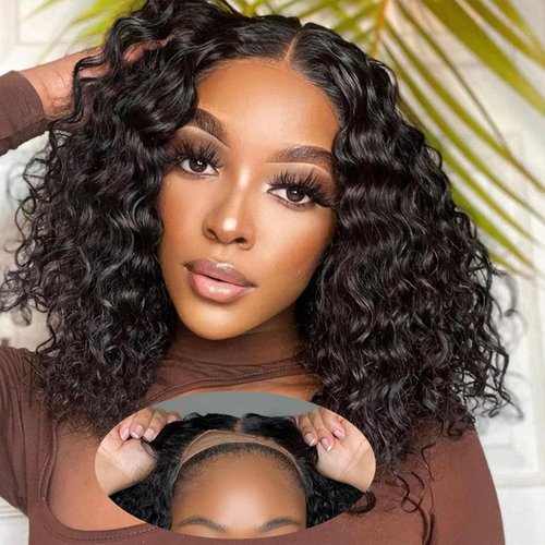 Pouwot 12 Inch Wear and Go Glueless Wigs Human Hair Pre Plucked Pre Cut Upgrade 4x4 Lace Closure Wigs Human Hair for Beginners Short Deep Curly Bob Wig Human Hair Lace Front Wigs for Black Women