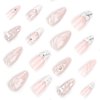 Almond Press on Nails Medium French Tip Fake Nails with Design Sliver Bow Glue on Nails 3D Water Ripple Acrylic Nails Y2k Star Stiletto False Nails Full Cover Stick on Nails for Women Manicure 24Pcs