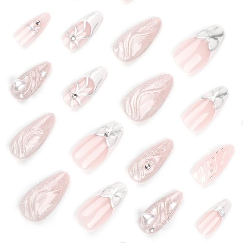 Almond Press on Nails Medium French Tip Fake Nails with Design Sliver Bow Glue on Nails 3D Water Ripple Acrylic Nails Y2k Star Stiletto False Nails Full Cover Stick on Nails for Women Manicure 24Pcs