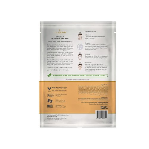 LuxaDerme Exfoliate Bio Cellulose Face Sheet Mask with Green Tea & Papaya Serum | Exfoliates dead skin cells resurfaces & moisturizes the skin | All skin type. 100% Fermented Coconut Jelly (Pack of 5)
