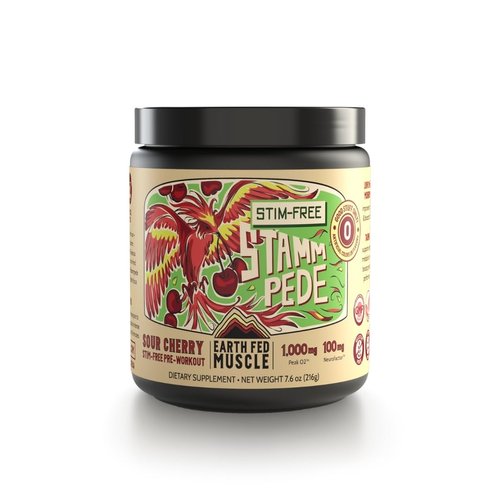 Earth Fed Muscle Stim-Free Stammpede Pre Workout, Sour Cherry, Stimulant and Caffeine Free, Boosts Energy, Endurance and Focus - Lion's Mane and Taurine - Soy Free, Gluten Free, Vegan - 30 Servings