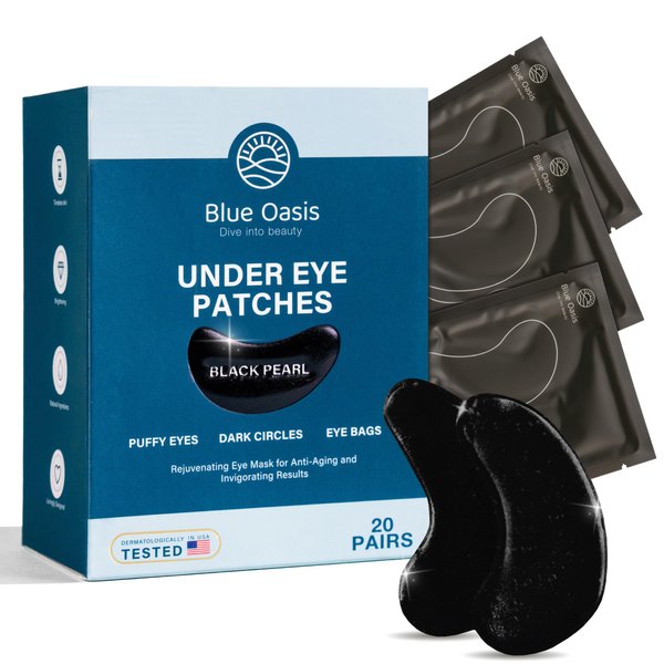 Blue Oasis Under Eye Patches for Puffy Eyes and Dark Circles - 20 Pairs Brightening Black Pearl, Hyaluronic Acid and Collagen Eye Care Gel Pads, Relaxing Self Care and Home Spa Gifts for Women