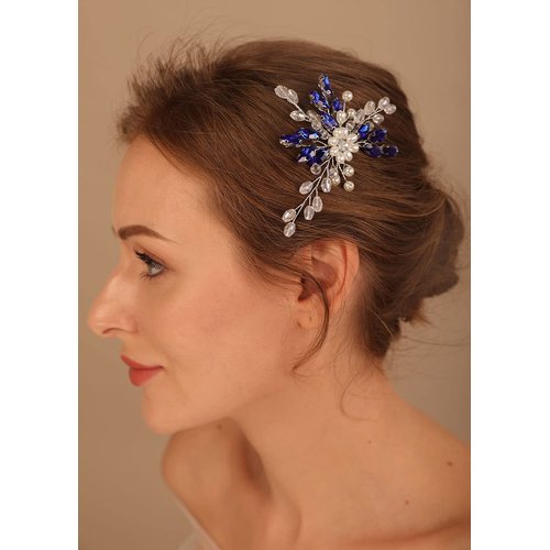 Denifery Rhinestone Bride Wedding Hair Pins Pearl Bridal Hair Pieces Decorative Crystal Hair Accessories for Women and Girls (Blue)