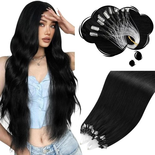 Moresoo Microlink Hair Extensions Human Hair Jet Black Black Micro Link Hair Extensions Human 18 inch Hair Micro Bead Hair Extensions Real Human Hair Black Microlink Extensions 50g/50s