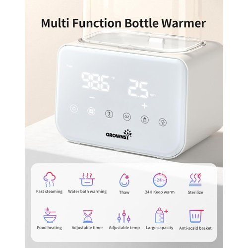 Baby Bottle Warmer, Grownsy 10-in-1 Fast Bottle Warmer Accurate Temp Control, with LCD Display, Timer, Defrost, Sterili-zing, Keep 24H, Double Bottle Warmer for Breastmilk& Formula, Heat Baby Food