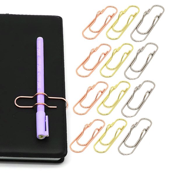 NELJIBEHU Metal Pen Clips in Gold/Silver/Rose Gold - Pack of 12 Paperclip Pen Holders for Notebooks and Papers, Metal Pen Clip Holder and Pen Holder Clip Included