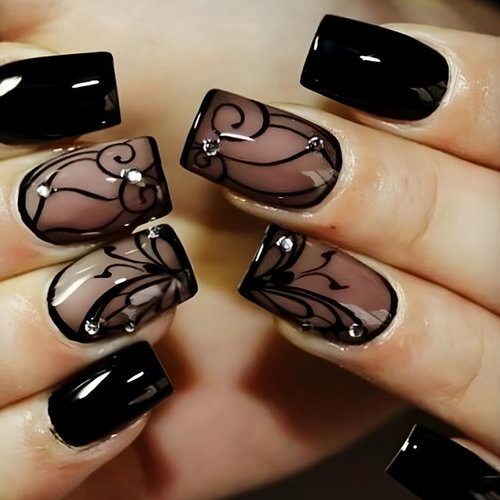 Generic Black Press on Nails Short Square Fake Nails Black nails press ons short Exquisite Acrylic Glue on Nails Short Coffin Designs Glossy Fake Nails Set Artificial Nails for Women Girls - 24Pcs