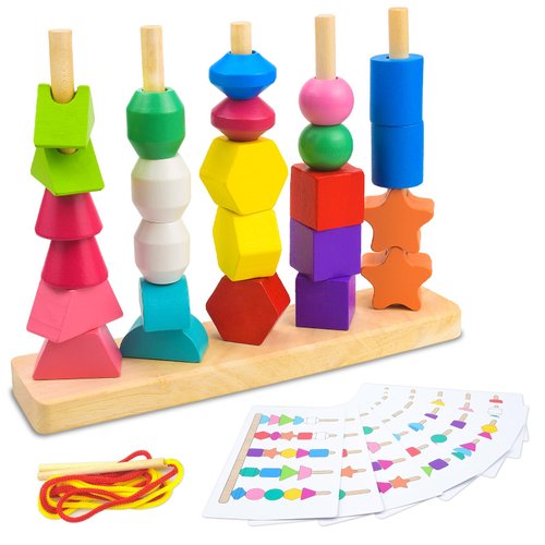 iselyn Montessori Toys for 2 3 4 5 Year Old Toddler Boy Girl, Wooden Bead Sequencing Toy Set-Stacking Block & Lacing Bead & Matching Shape Color Stacking Toys, Preschool Learning Toys Gifts for Kids