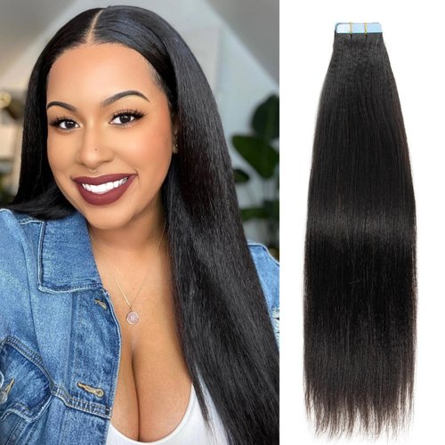 FEIPRO Tape in Hair Extensions 14 Inch Light Yaki Straight Real Remy Human Hair for Black Women Girls Bob Hair Thin hair,Invisible Seamless Skin Weft Thick Soft Short Natural Black Hair 40g 20pcs