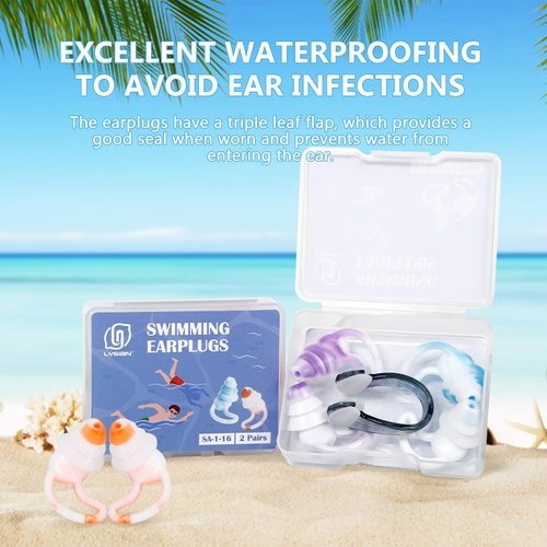 Reusable Swimming Ear Plugs with Nose Clips -2 Pairs Silicone Swimmers Ear Plugs for Adult Water Surfing, Snorkeling, Sleeping and Shower