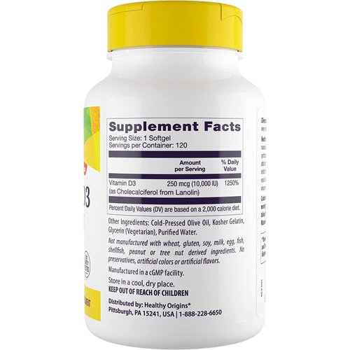 Healthy Origins Vitamin D3 (Lanolin) 10,000 IU Softgel - Bone Health and Immune Support Supplement - Easily Absorbable Vitamin D Supplements - Gluten-Free Vitamin D3 Supplement - 120 Softgels