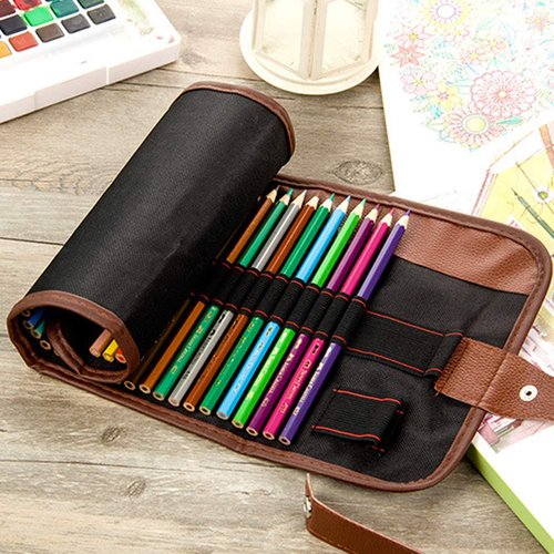 lasenersm 1 Piece 60 Slot Canvas Pencil Roll Up Case Pencil Wrap Case Roll up Pouch Pen Wrap Organizer Roll Up Pencil Holder Charcoal Pencils Rolling Pouch for Painter Artist Black