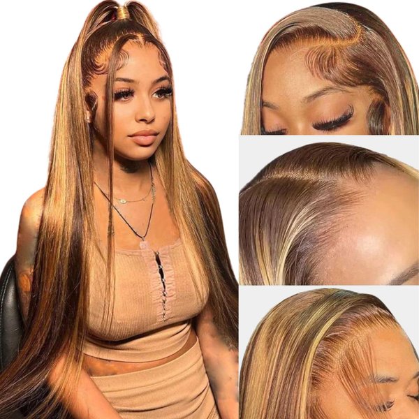 Ombre Lace Front Wig Human Hair 28inch Highlight 13x4 HD Straight Lace Front Wigs 180% Density 4/27 Colored Honey Blonde HD Lace Frontal Wigs For Women Glueless Pre Plucked with Baby Hair