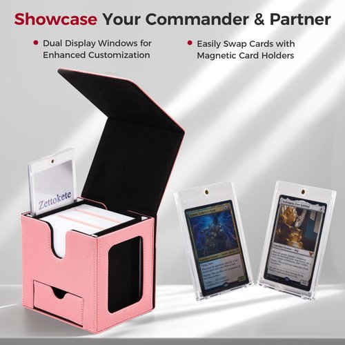 Zettokete MTG Commander Deck Box with Dual Commander Display, Patented Card Deck Box Fits 100 Double-Sleeved Cards, MTG Deck Box with Dice Tray, 2 Dividers, 2 Magnetic Holders, Pink & Black