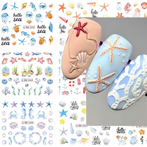 12 Sheets Ocean Water Transfer Nail Decals Cute Sea Creature Sea Shell Starfish Jellyfish Sea Turtle Summer Nail Decals Watermark Nail Designs Manicure Stickers Nail Art Accessories(15)
