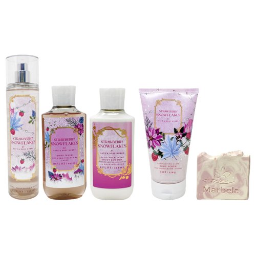 Bath & Body Works Strawberry Snowflakes - Deluxe Gift Set - Fine Fragrance Mist, Body Wash, Body Lotion and Body Scrub With a Himalayan Salts Springs Sample Soap.
