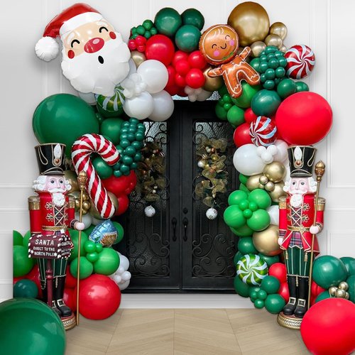 Christmas Balloon Garlands Arch Kit 161pcs with Red Green White Gold Balloons Candy Cane Swirl Gingerbread balloon Santa Claus Foil Balloons for Merry Xmas Friendsmas Party Decorations Party Supplies