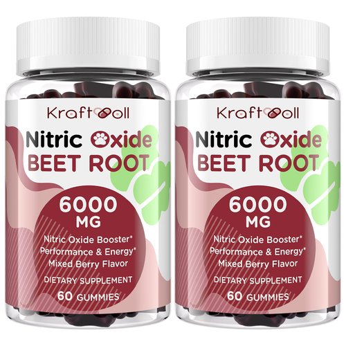 Kraftvoll Nitric Oxide Beet Root Gummies 6000MG Supplements, Grapeseed Powder, Pomegranate Powder, Vitamin C and B12 - Beet Chewables Mixed Berry Flavor - 60 Gummies (2 Bottle)