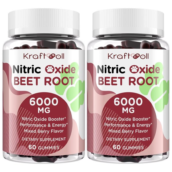 Kraftvoll Nitric Oxide Beet Root Gummies 6000MG Supplements, Grapeseed Powder, Pomegranate Powder, Vitamin C and B12 - Beet Chewables Mixed Berry Flavor - 60 Gummies (2 Bottle)