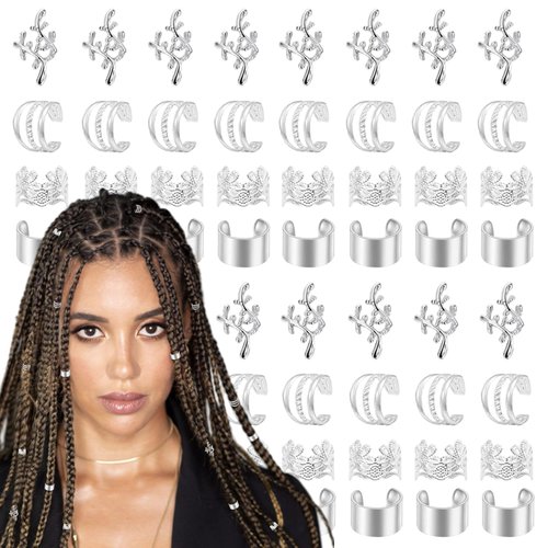 40Pcs Hair Jewelry for Women Girls Man Braids Accessories Metal Beads Cuffs Clips Silver Dreadlock Decorations Adult Exquisite Styling Tools