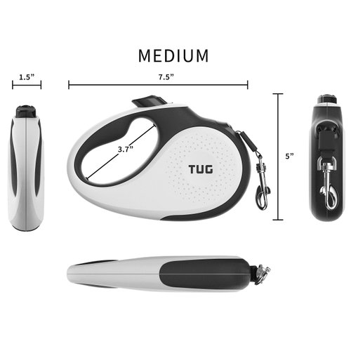 TUG 360° Tangle-Free Retractable Dog Leash | 16 ft Strong Nylon Tape | One-Handed Brake, Pause, Lock (Medium, White)