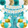 Teal Blue and Gold Birthday Party Decorations, Happy Birthday Banner Turquoise Aqua Teal Foil Fringe Curtain Tissue Pom Poms Balloons Décor Supplies for Men Women Boys Girls Birthday Party