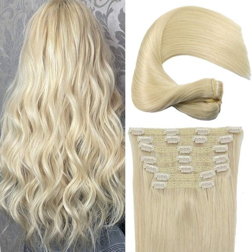Eufficco Real Human Hair Lace Clip In Hair Extensions 14inch Color Bleach Blonde #613 100g Remy Hair Extensions Silky Soft Straight Double Wefted Thick Ends Lace Backed Clip On Human Hair Extensions