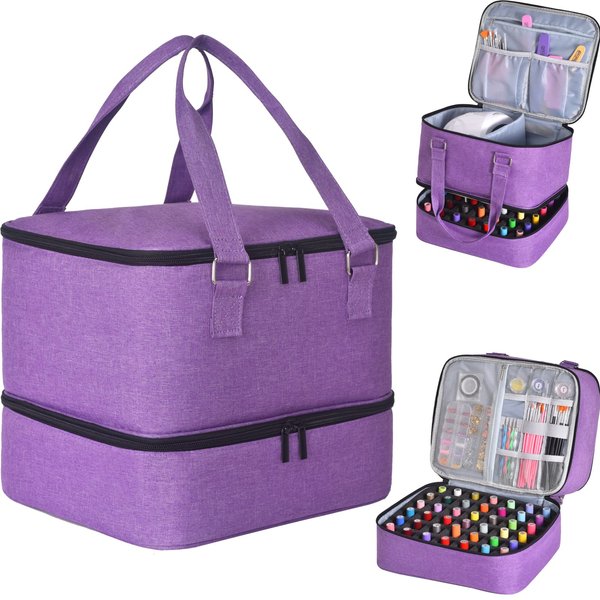 FCQQYWZ Nail Polish Organizer Bag Holds 42+ Bottles Nail Polish & Nail Lamp, Gel Nail Polish Storage Bag with Sturdy Handles Double-Layer Nail Polish Holder(PURPLE)