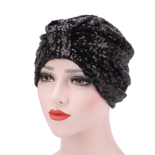 DECOU Sparkly Sequin Twist Pleated Hair Wrap Stretch Turban S232 (Black)