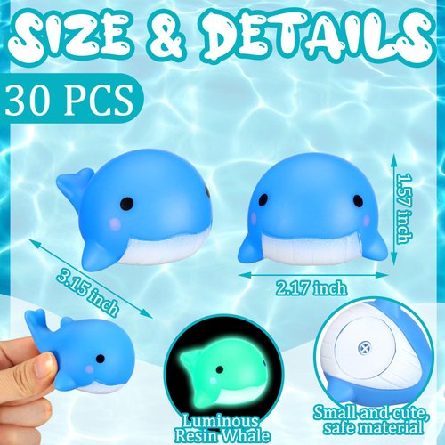 RoundFunny 30 Pcs Whale Rubber Bath Toys Glow in The Dark for Beach Pool Shower Play Floating Mini Sea Animal Toys Blue Squeezable Squeak Toys for Favors Carnival Decoration