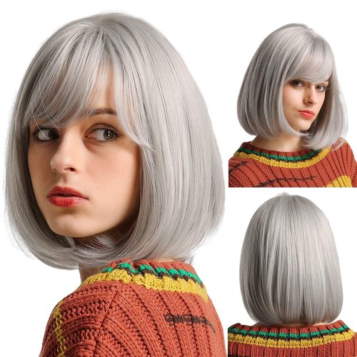 EMMOR Silver Grey Bob Wig with Bangs 13" Short Bob Wigs for Women Short Silver Grey Wig Heat Resistant Synthetic Wig Natural Looking for Daily Use(Silver Grey)