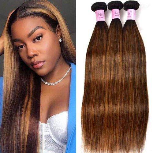 UNice Hair Brown Blonde Straight Human Hair Weave 3 Bundles, Brazilian 100% Virgin Unprocessed Remy Hair Ombre Highlight Color Hair Extensions 100g/pc (10 12 14)