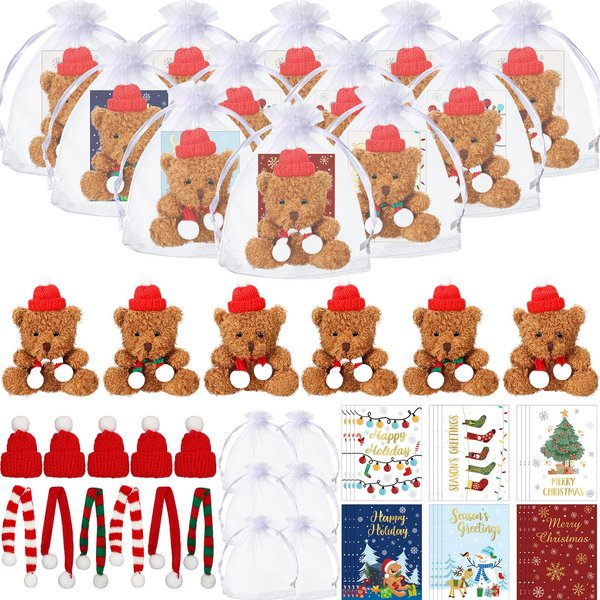 Poen 24 Set Christmas Gift 4 Inch Mini Christmas Stuffed Plush Bear with Santa Hat Scarf Christmas Cards Organza Bags Xmas Stuffed Small Bear Toy Set for Xmas Holiday Party Favor (Classic Style)