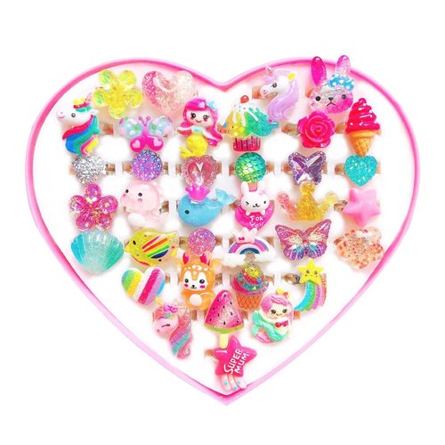 Elesa Miracle Little Girl Jewel Rings in Gift Box, Girl Pretend Play and Dress Up Rings, Adjustable, Birthday Gifts for Girls Toddlers Kids, 36pcs
