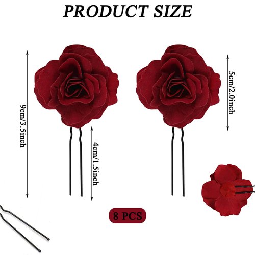 8 PCS Wine Red Rose Flower Hair Clips U Shape Rose Floral Bobby Pins,Vintage Rose Hair Accessories for Women Girls Party Beach Wedding(Wine Red)