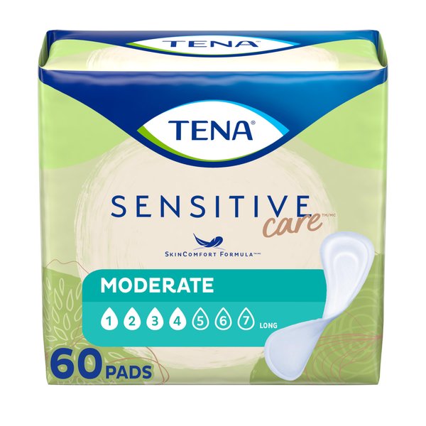 TENA Incontinence Pads, Bladder Control & Postpartum for Women, Moderate Absorbency, Long Length, Sensitive Care - 60 count