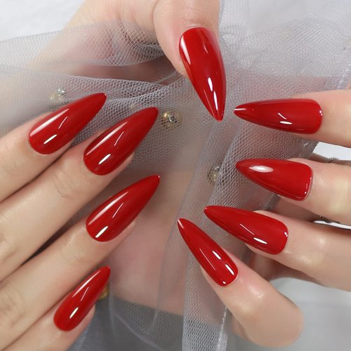 iBeautying Press on Nails - Chinese Red Solid Color False Nails | Stiletto Long Reusable Fake Nails in 10 Sizes - 24 Nail Kit with Jelly Glue Pad
