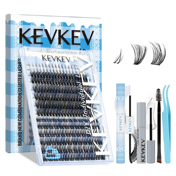 KevKev Lash Cluster Kit 228Pcs Lash Extension Kit Eyelash Clusters Kit Upper & Bottom Individual Lashes D Curl Lash Clusters with Lash Bond and Seal Lash Remover Lash Tweezer(40D+Aurora,10-16mm)