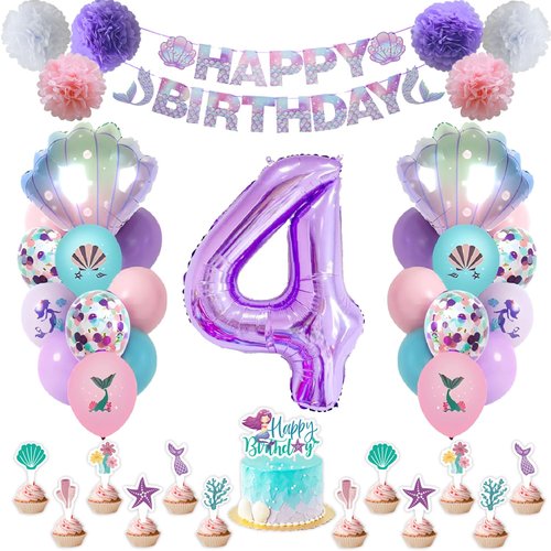 SKRCUI Mermaid Birthday Decorations Little Mermaid Party Decorations Mermaid Party Supplies Set with Mermaid Shell,Banner,Cake Topper,Pom Poms Flowers,Latex Balloons and Number 4 Balloon for Girls